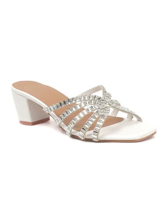 Women's White Stylish Multi-Strap Rhinestone Block Heels Sandals