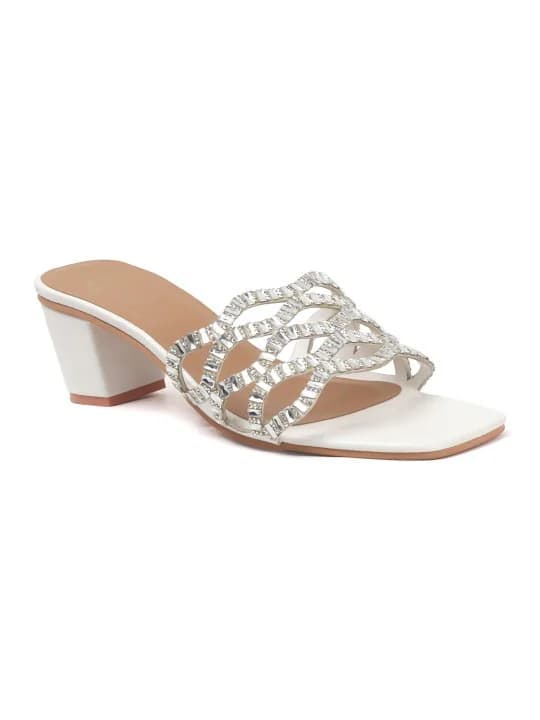 Women's White Rhinestone Embellished Block Heels Sandals