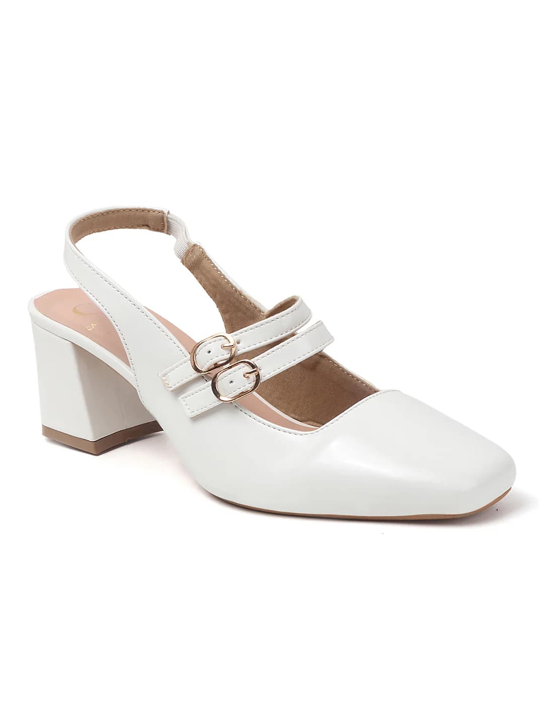 Women's White Patent Block Heels Slingback Heels