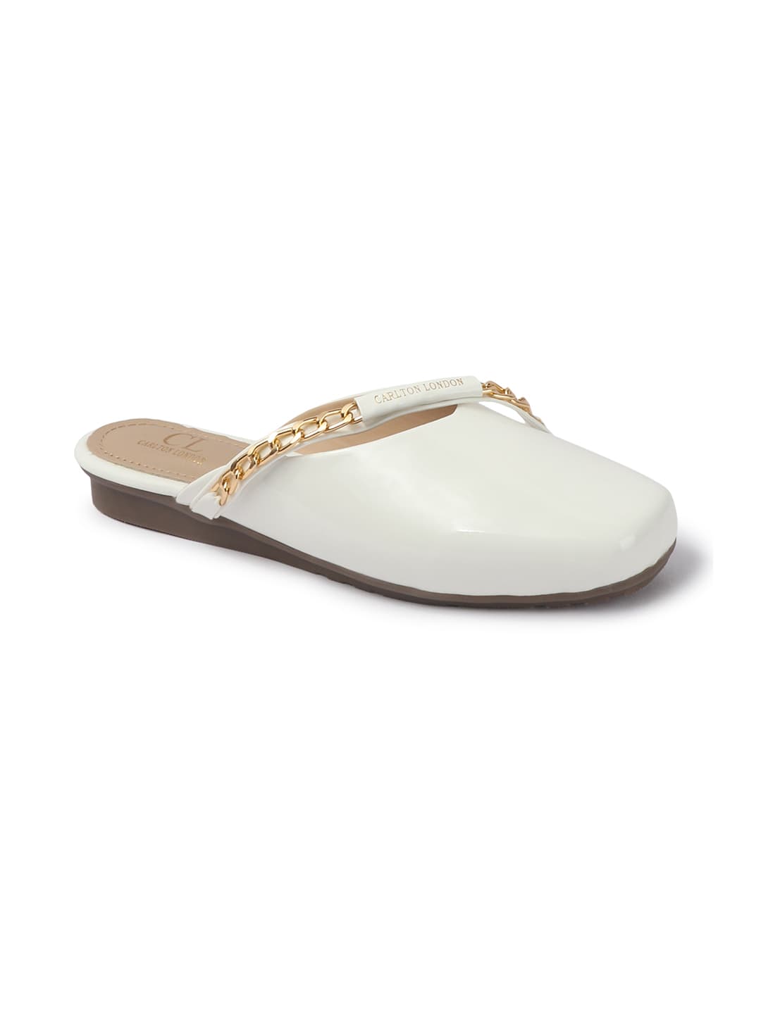 Women's White Glossy Mules with Chain Detail Strap