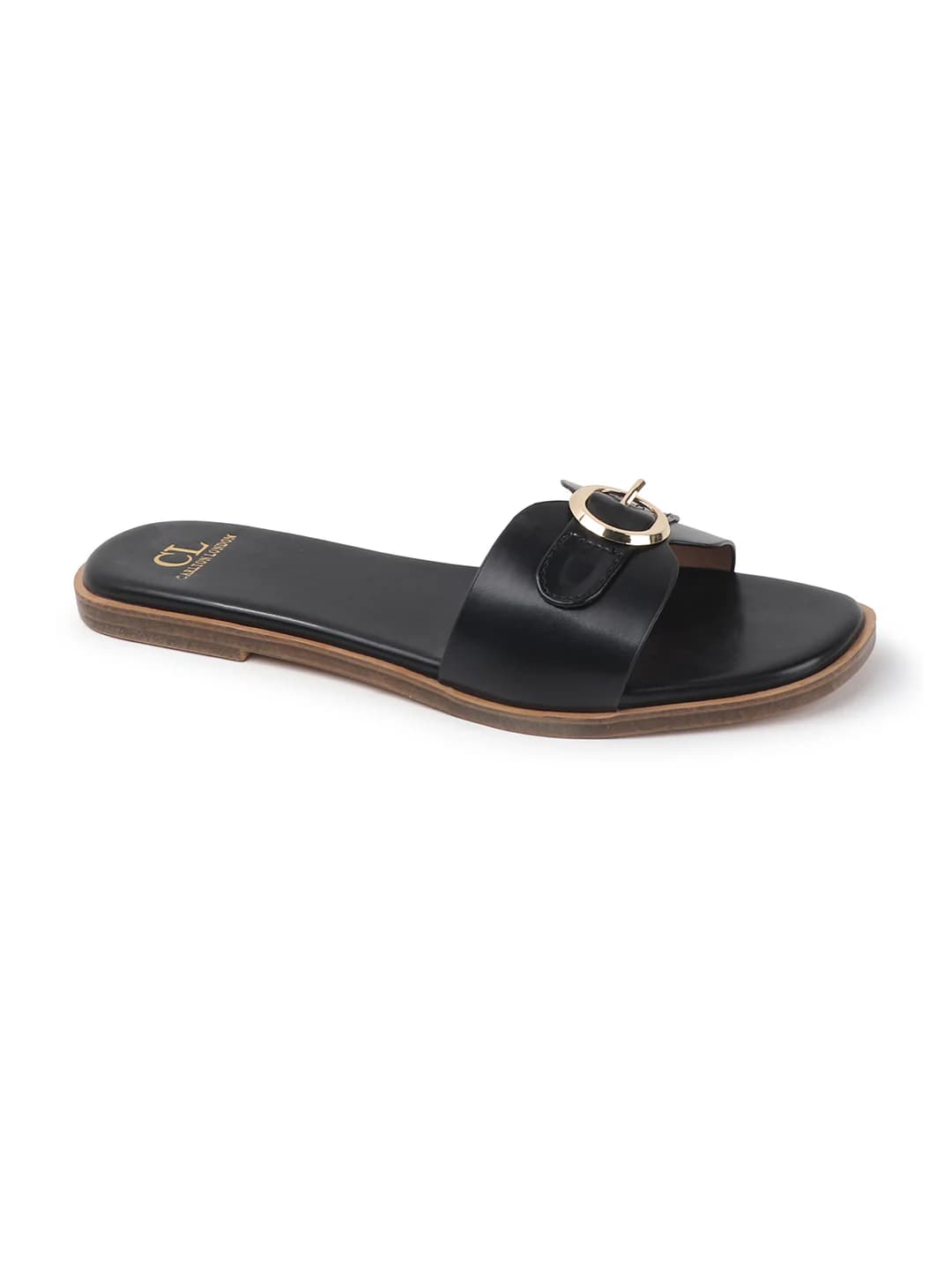Women's Black Flat Slip-On Sandals with Buckle Accent