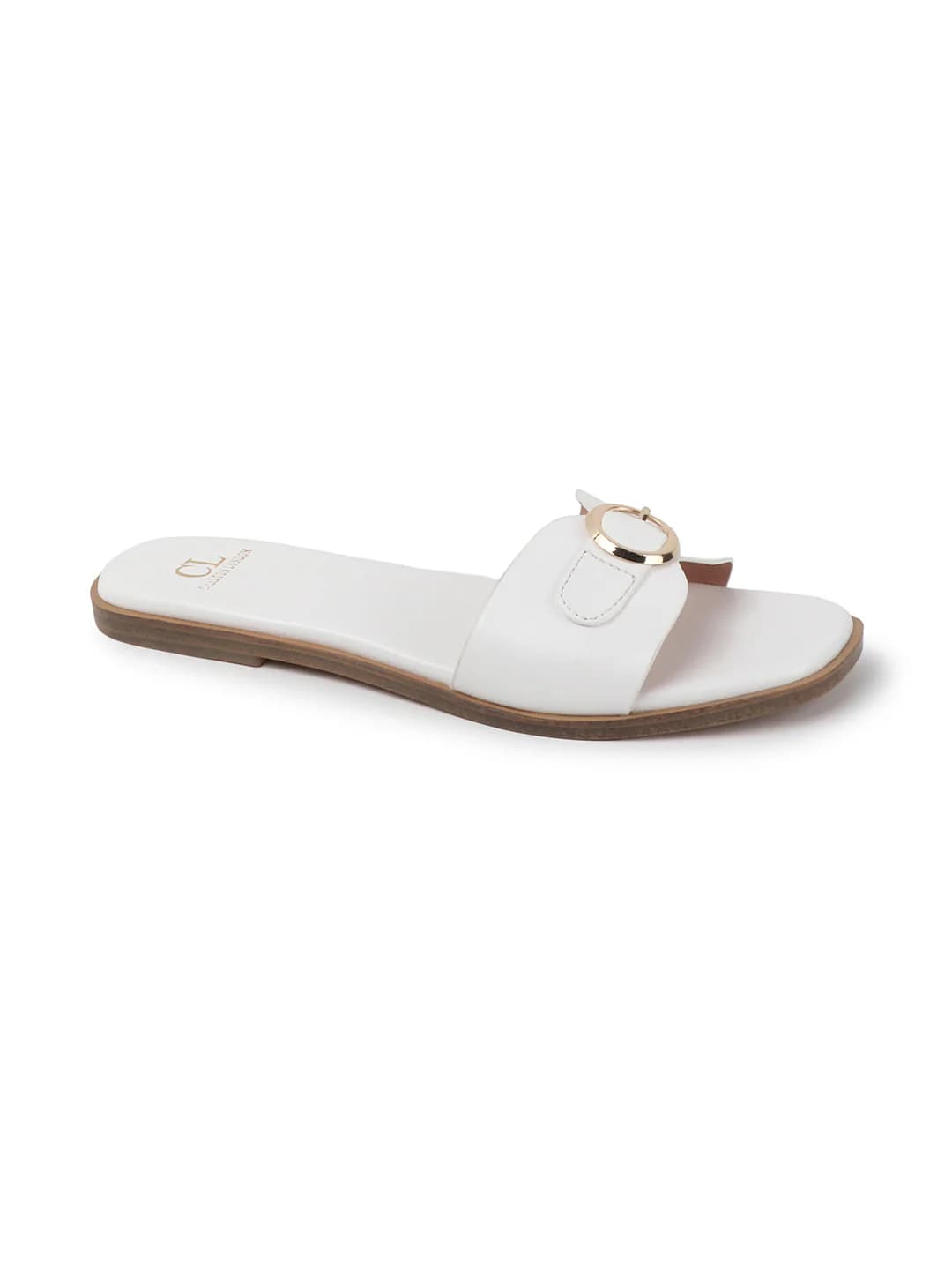 Women's White Flat Slip-On Sandals with Buckle Accent