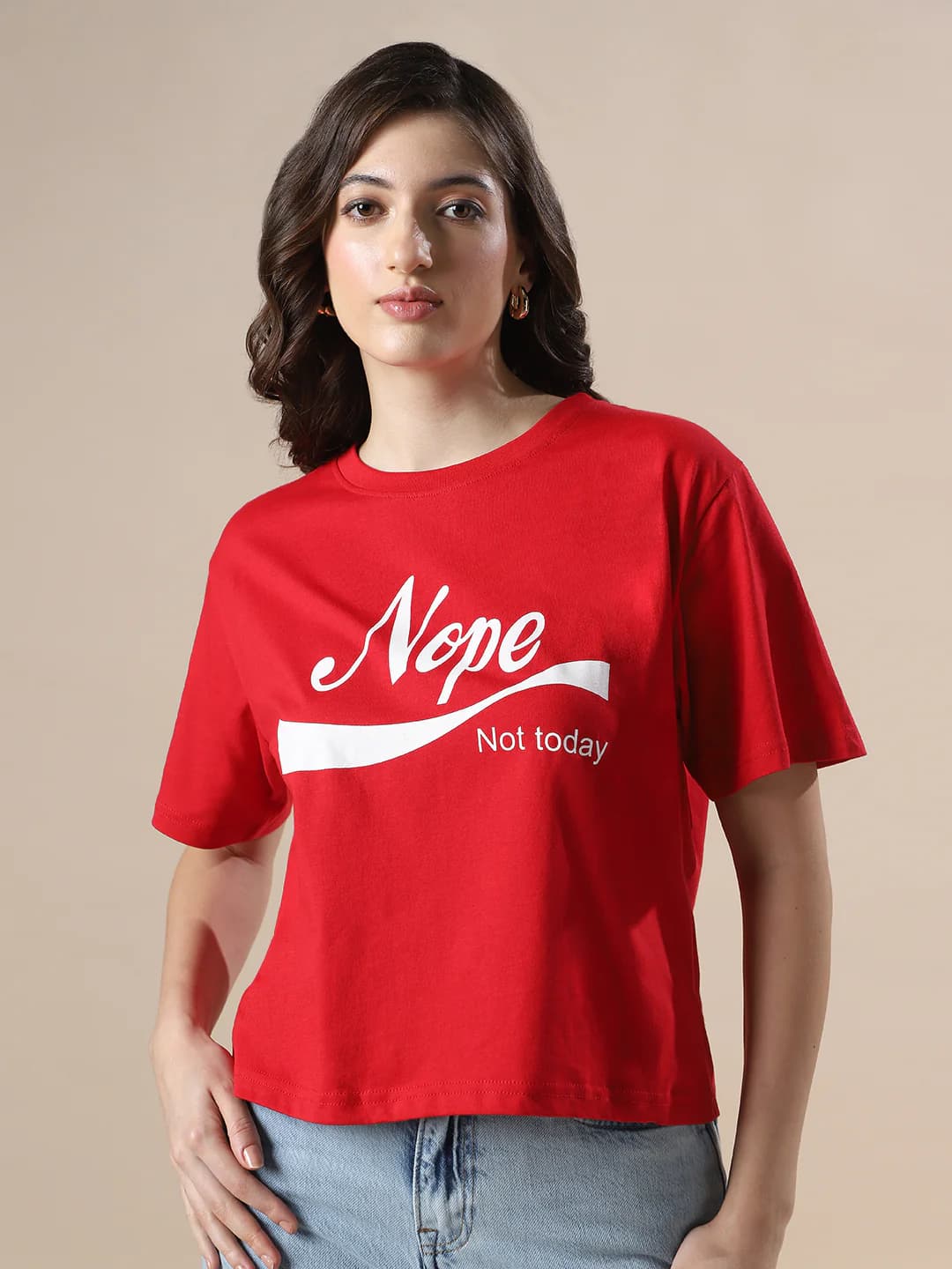Women's Red Casual Typography Half Sleeves Tshirt
