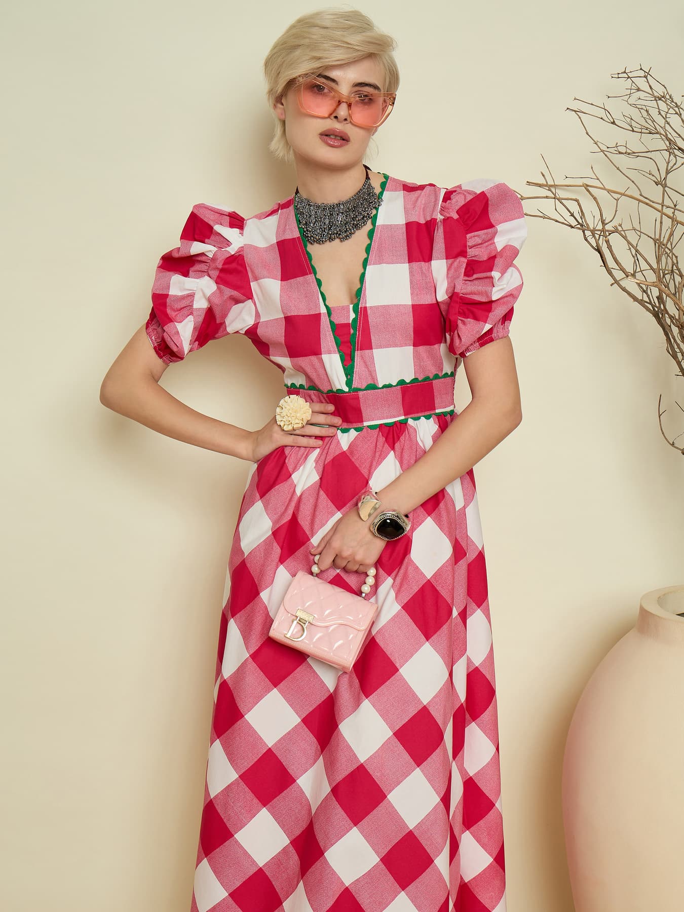 Women's Pink Casual Checked V-Neck Dress