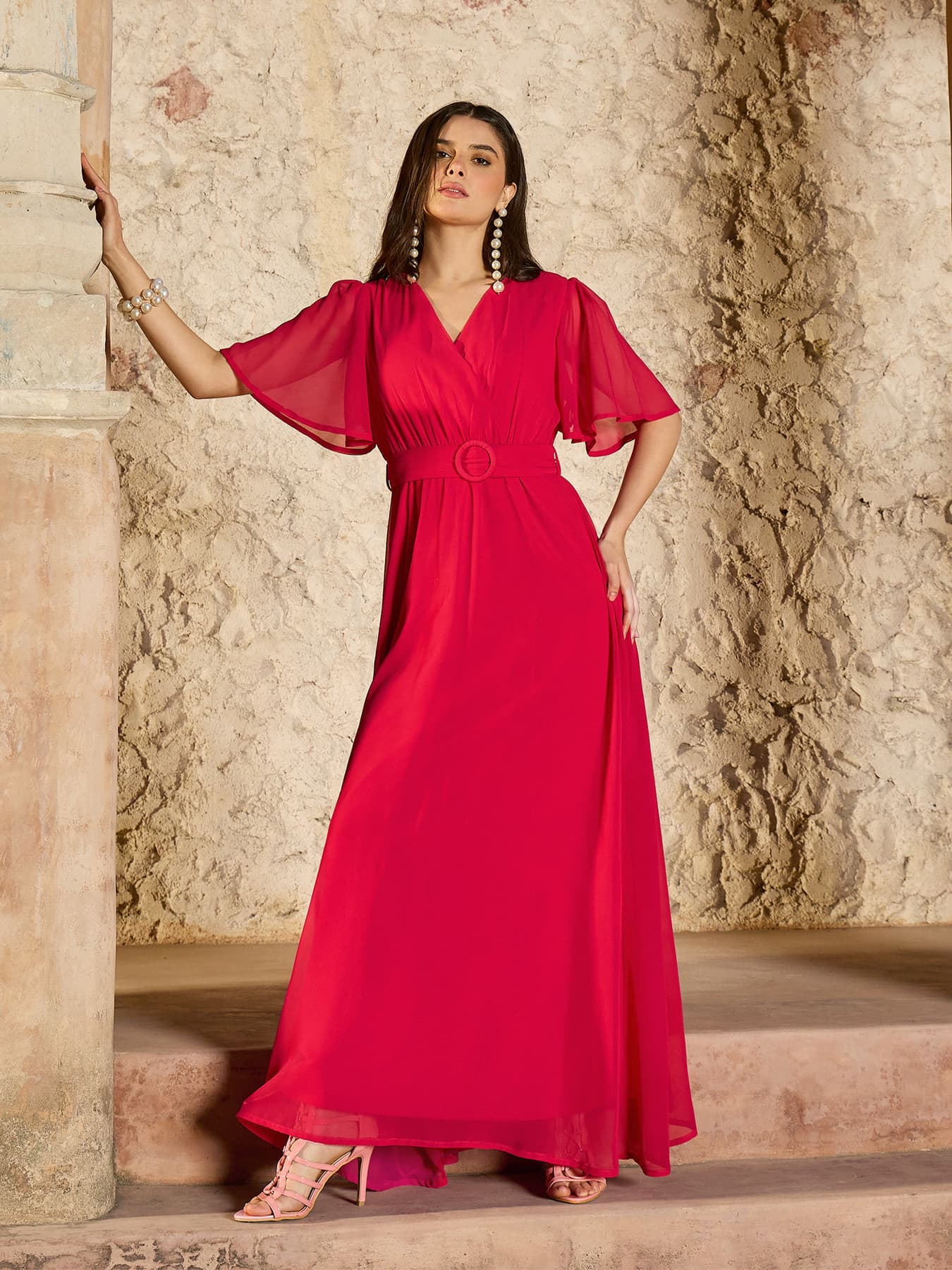 Women's Pink Casual Solid V-Neck Dress