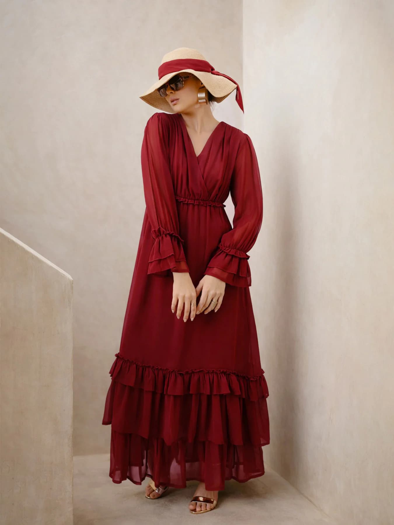 Women's Red Casual Solid V-Neck Dress