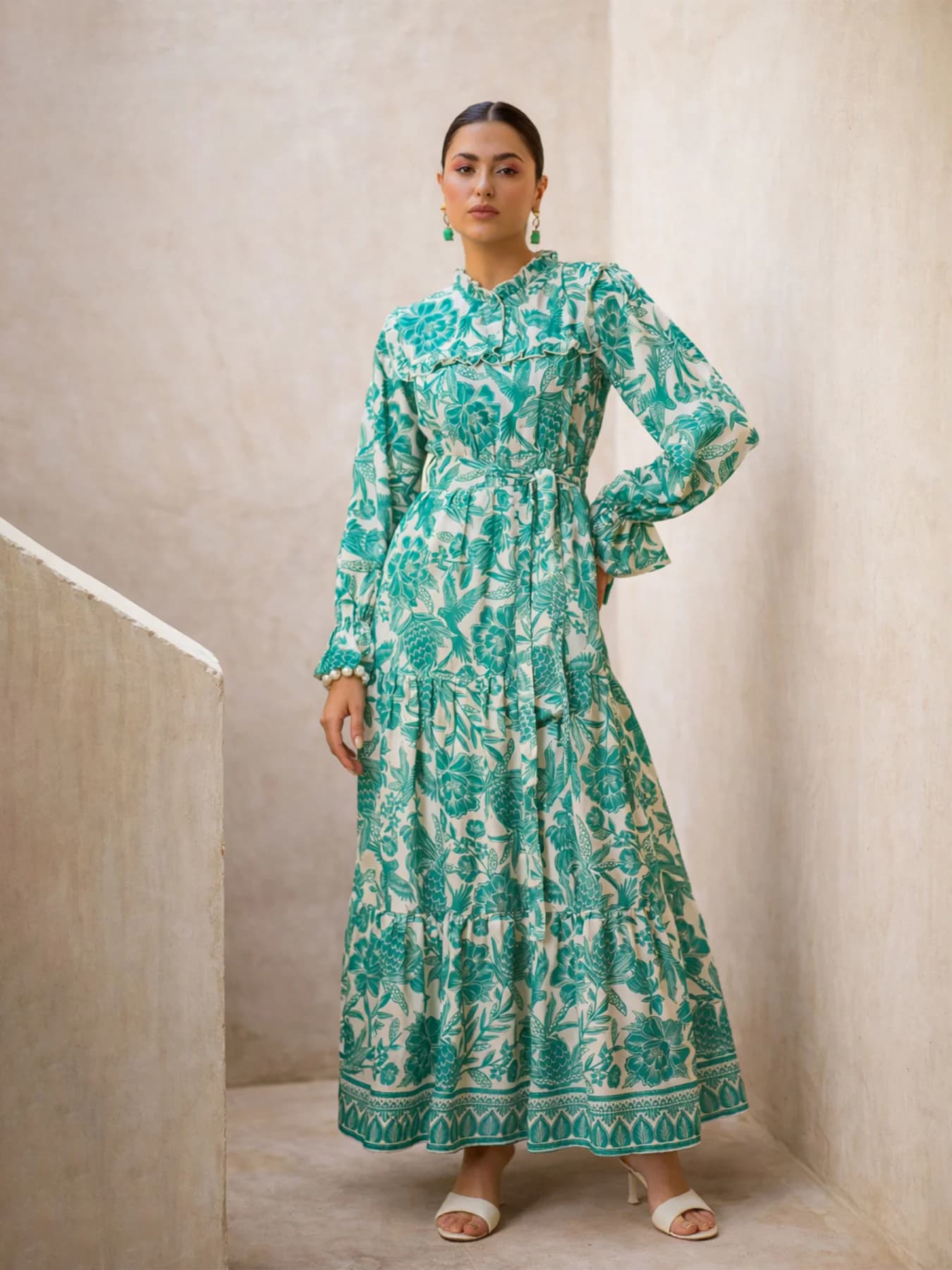 Women's Green Casual Floral Mandarin Collar Dress