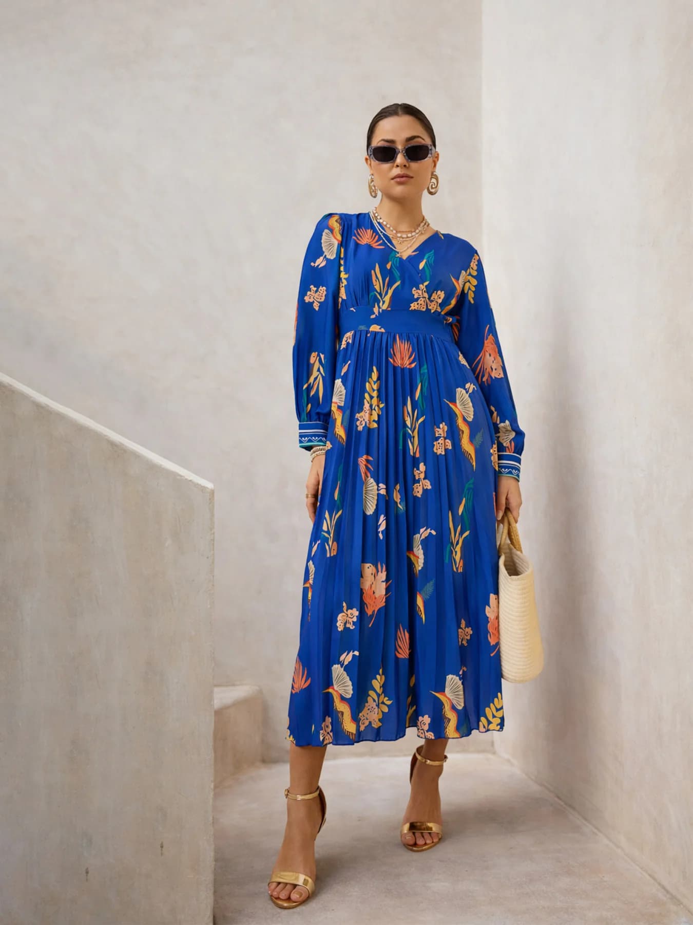 Women's Blue Casual Tropical V-Neck Dress