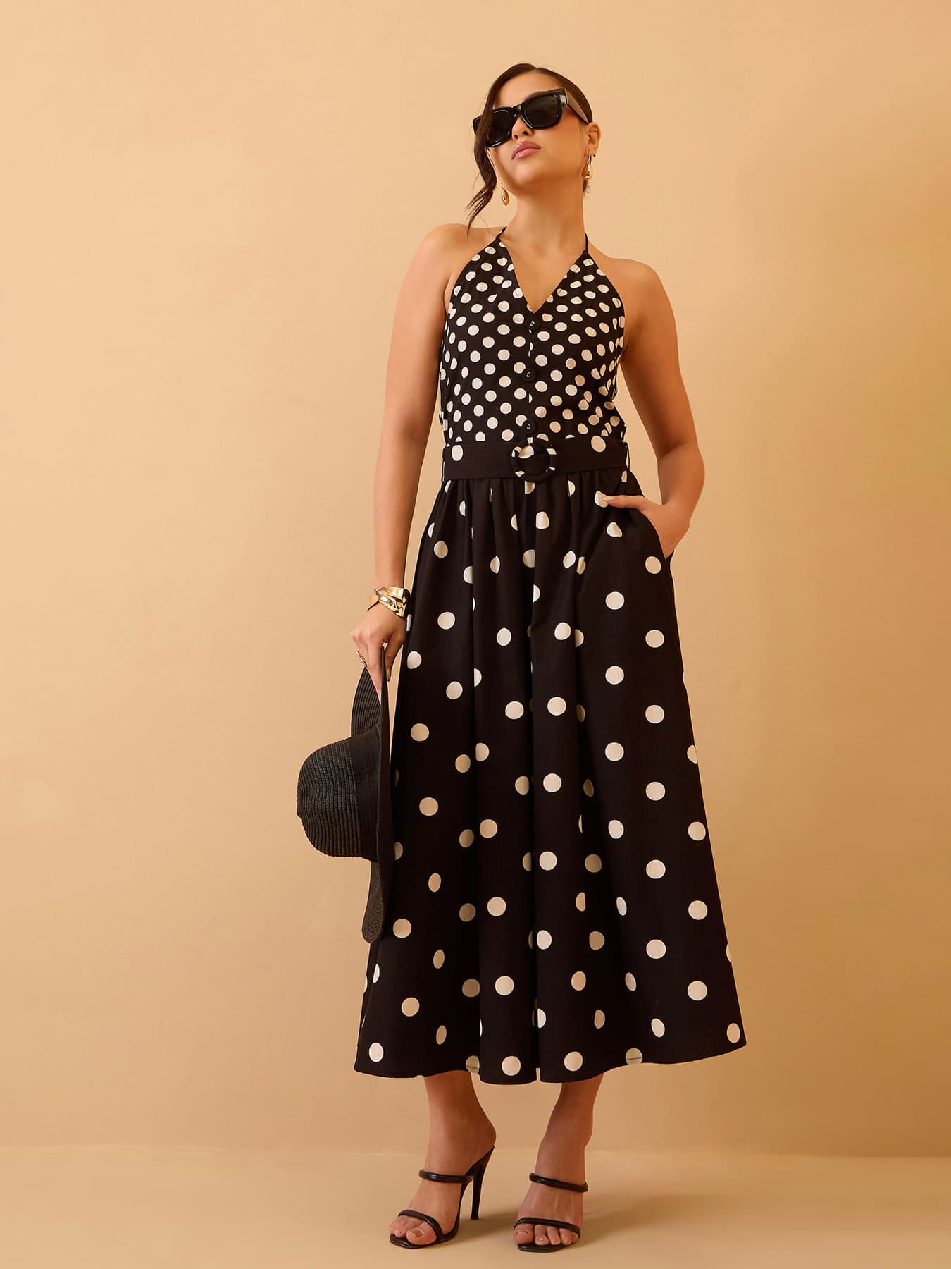 Women's Black Casual Polka Dot Halter Neck Dress