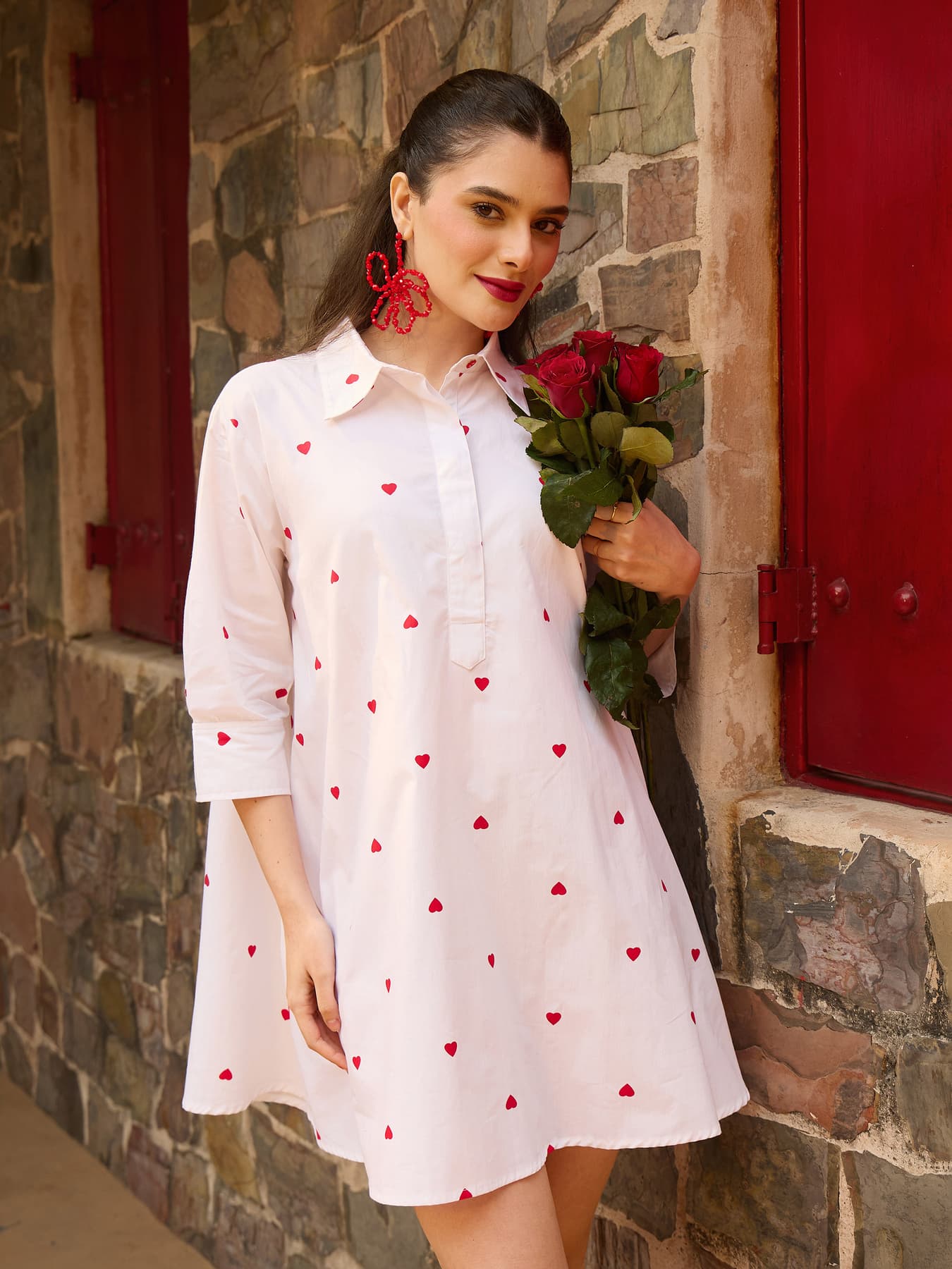 Women's White Casual Printed Spread Collar Dress