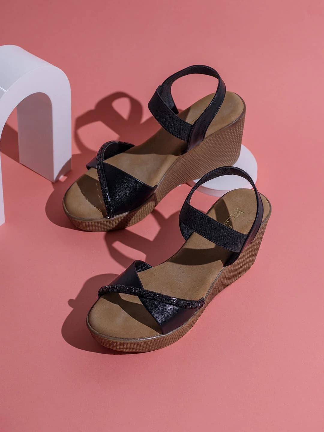 Women's Black Casual Synthetic Wedge Heel Wedges Sandals