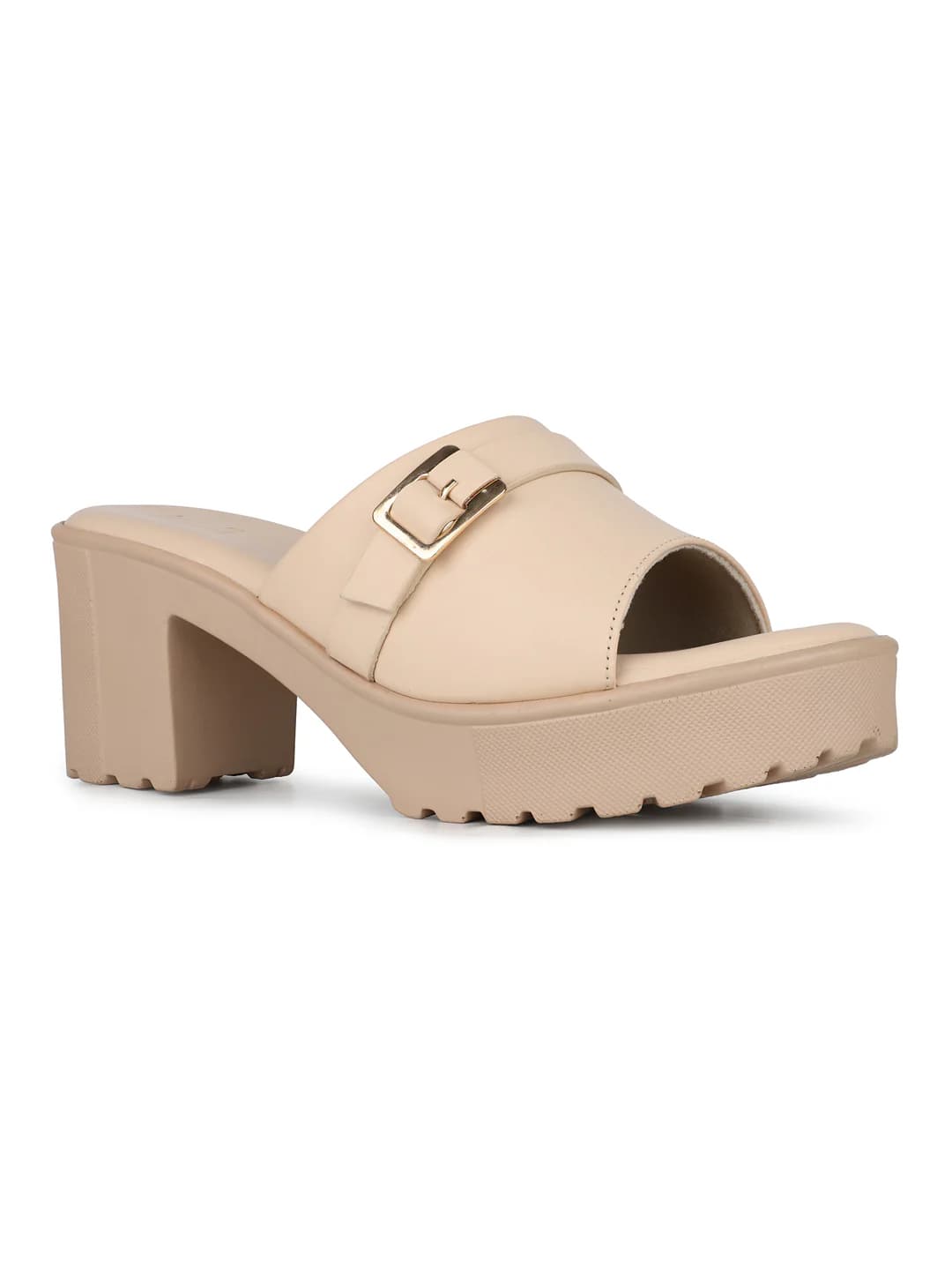 Women's Beige Casual Synthetic Block Heel Slip-Ons Sandals