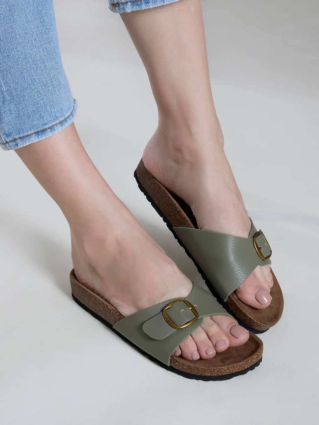 Women's Green Casual Synthetic Flat Slip-Ons Sandals