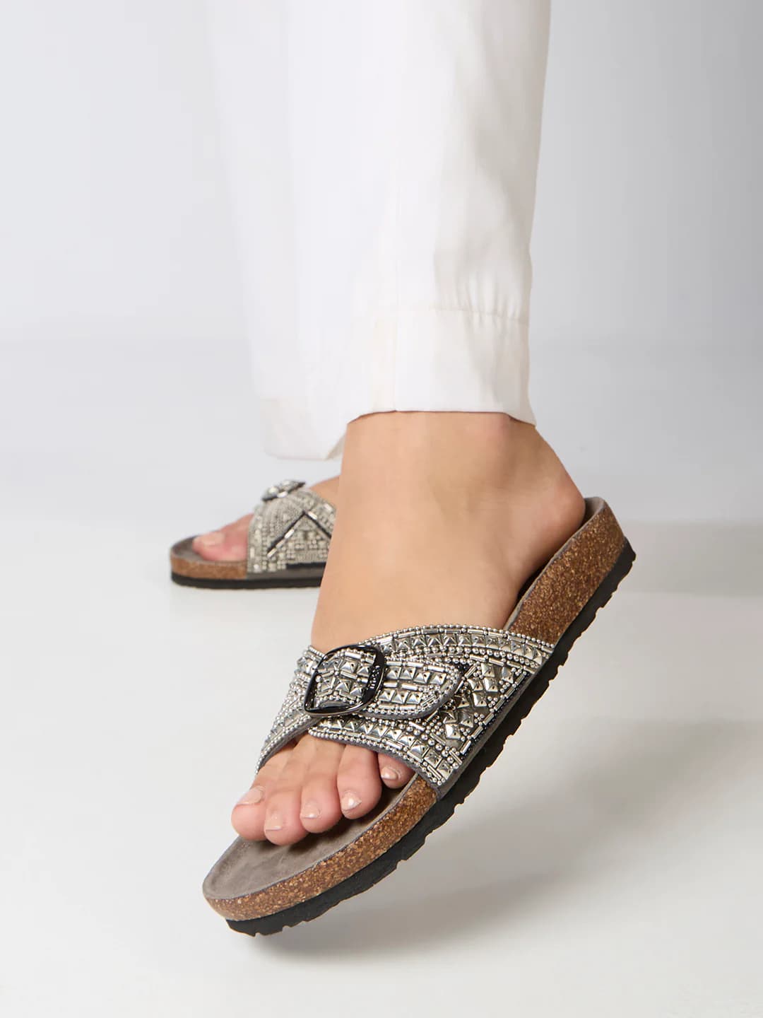 Women's Silver Casual Synthetic Flat Slip-Ons Sandals