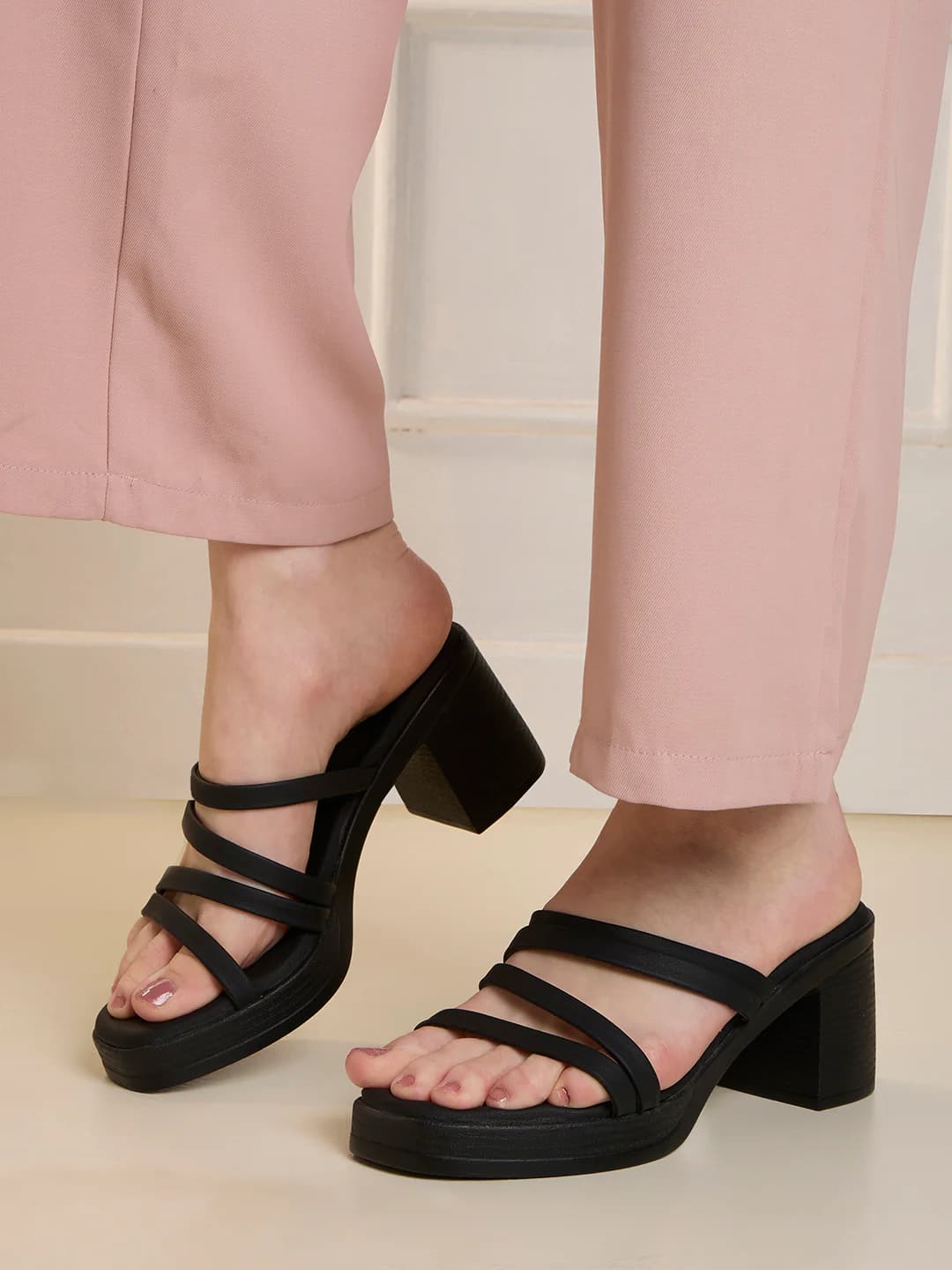 Women's Black Casual Synthetic Block Heel Slip-Ons Sandals