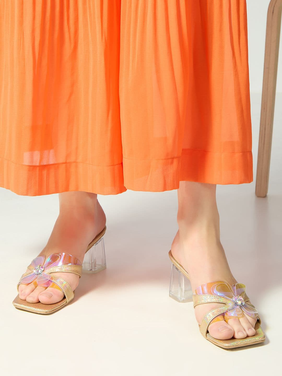 Women's Gold Casual Synthetic Block Heel Slip-Ons Sandals