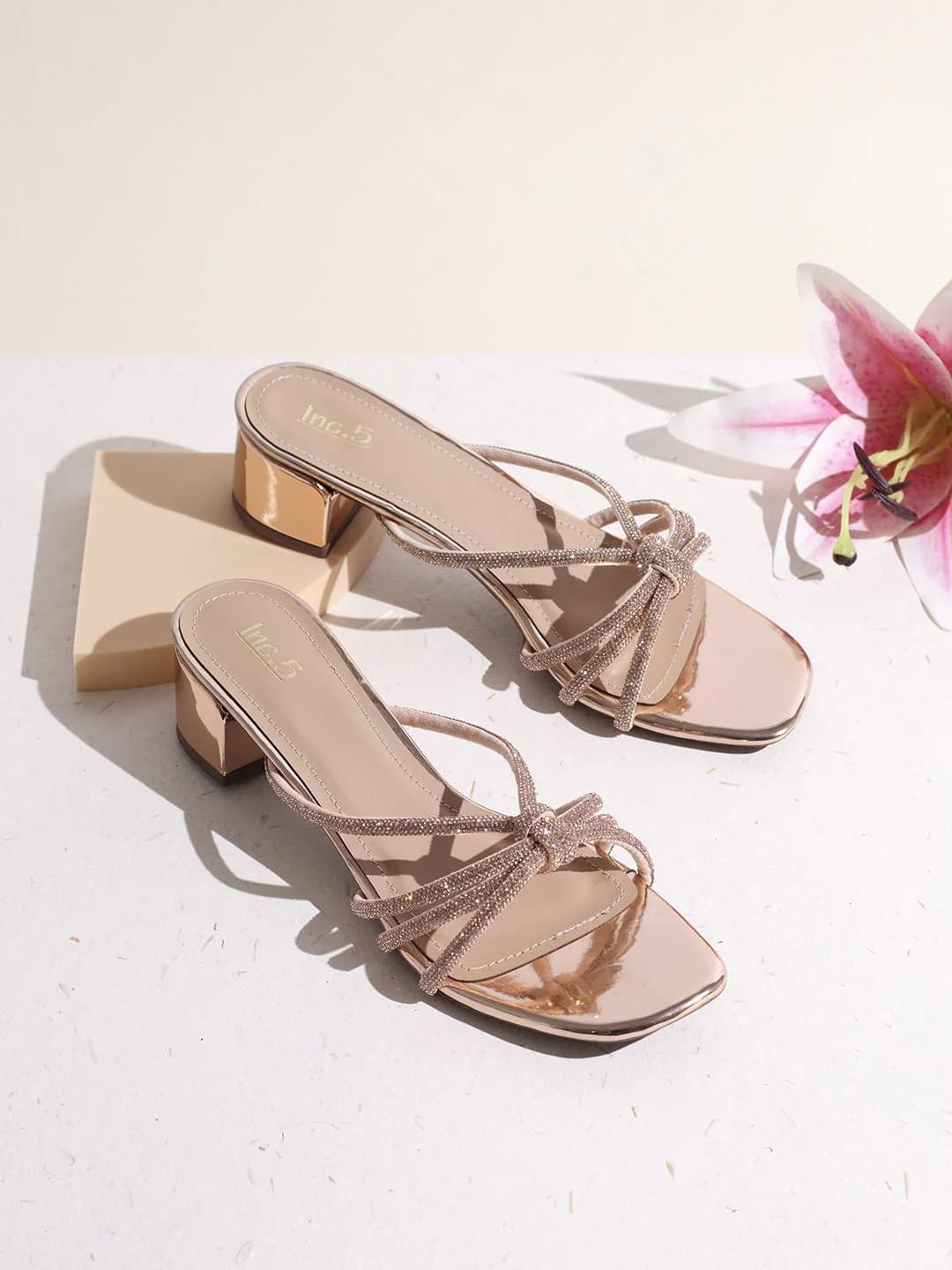 Women's Rose Gold Casual Synthetic Block Heel Slip-Ons Sandals