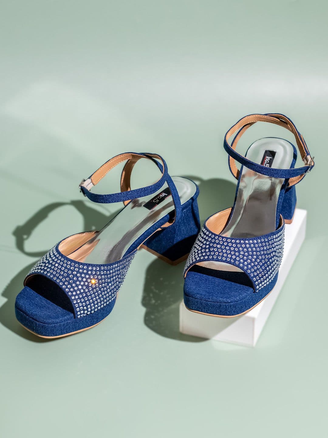 Women's Blue Casual Synthetic Block Heel Slip-Ons Sandals