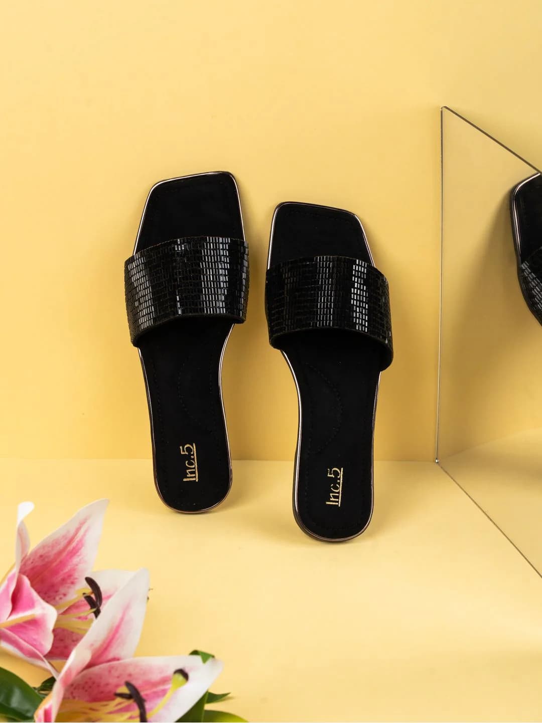 Women's Black Casual Synthetic Flat Slip-Ons Sandals
