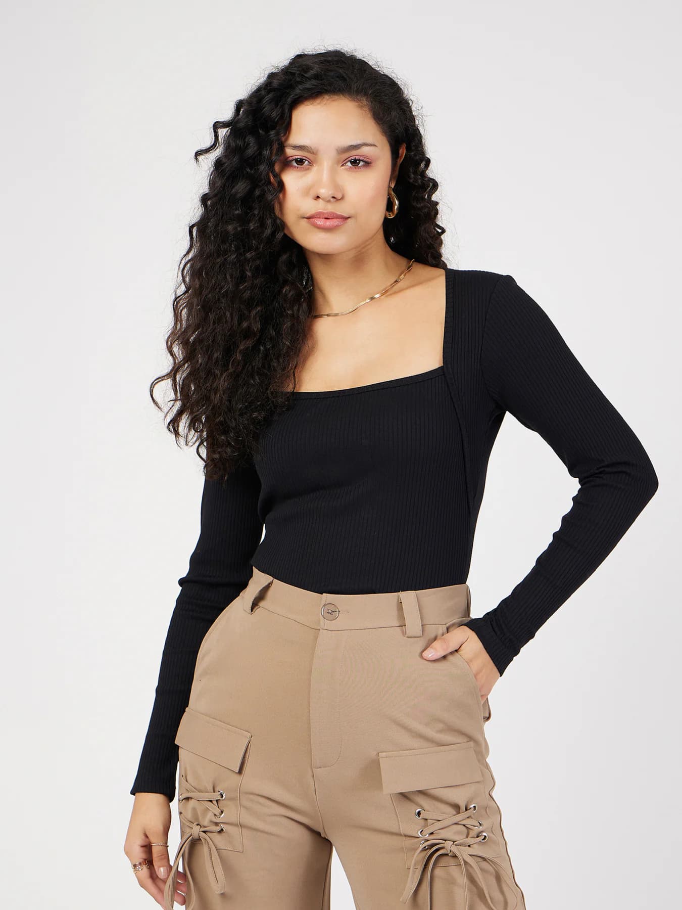 Women's Black Casual Rib Square Neck Full Sleeves Top