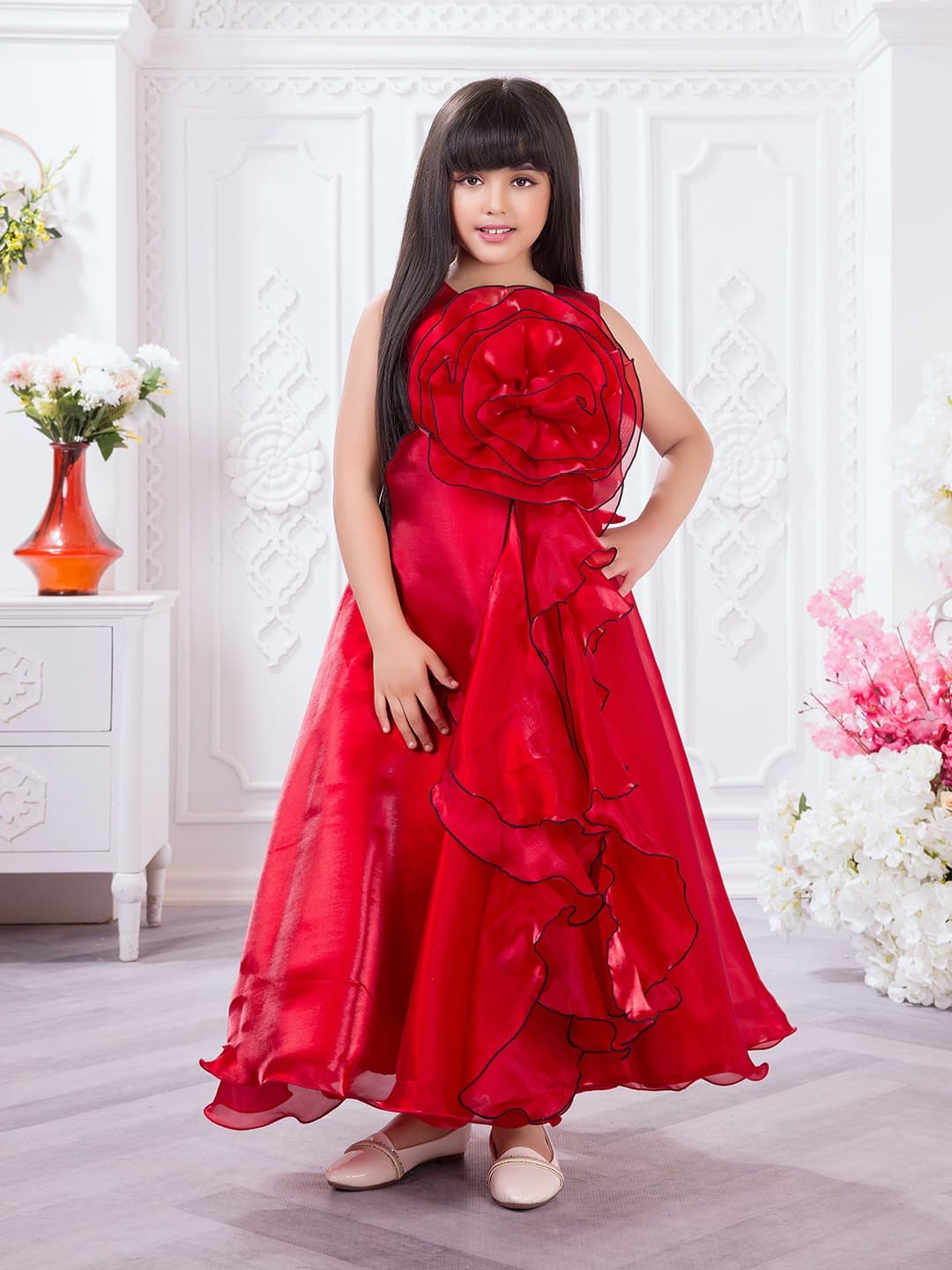 Girls Red Party Floral Embellished Dress