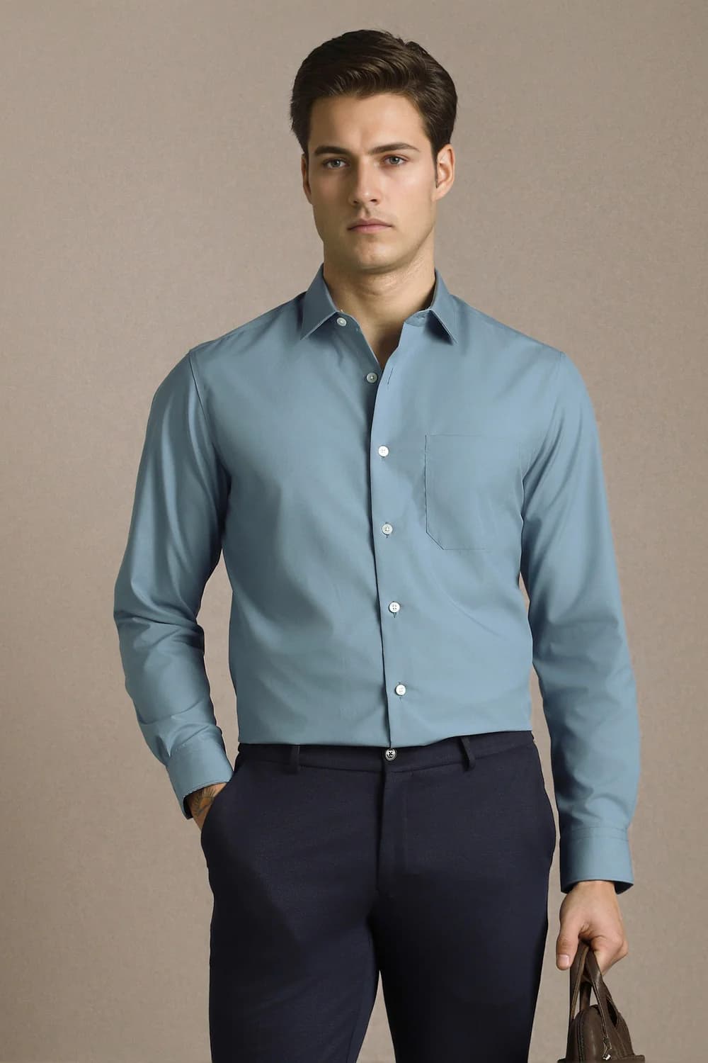 Men's Blue Formal Regular Fit Solid Full Sleeves Permapress Cotton Shirt