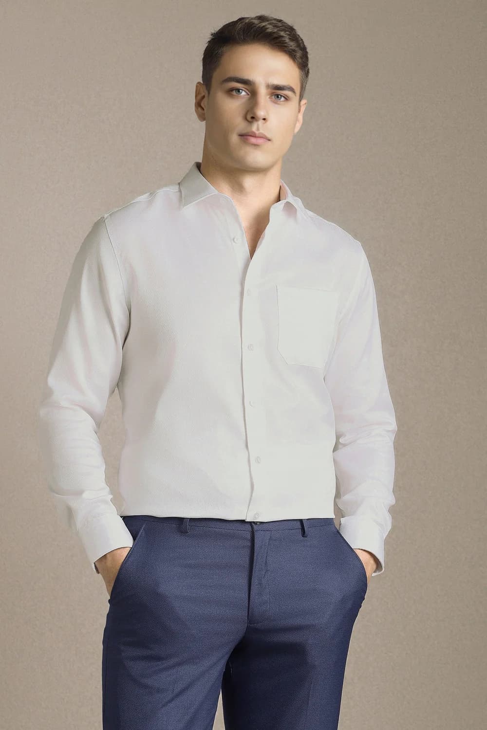 Men's White Formal Regular Fit Textured Full Sleeves Permapress Cotton Shirt