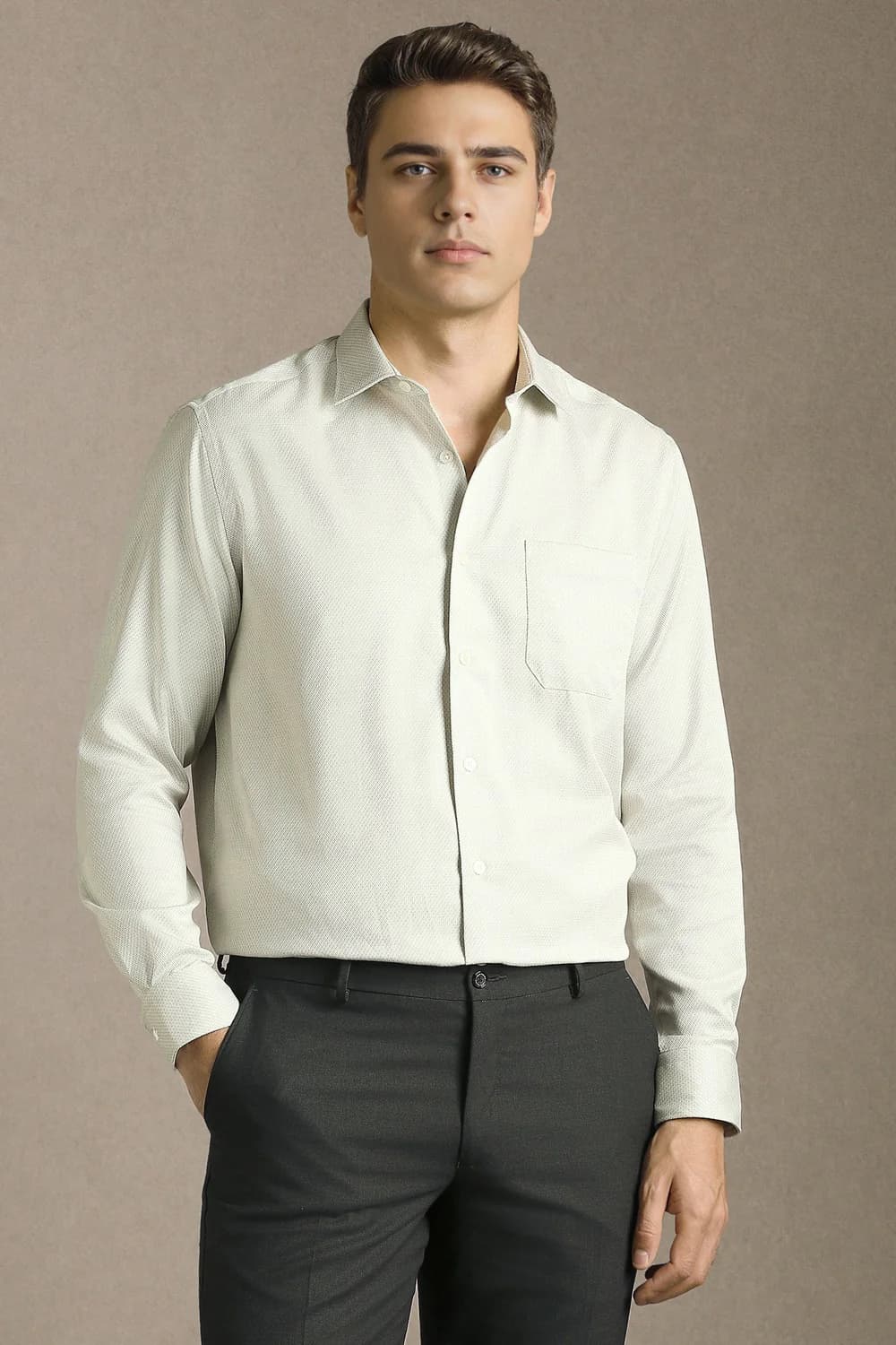 Men's Green Formal Regular Fit Textured Full Sleeves Permapress Cotton Shirt