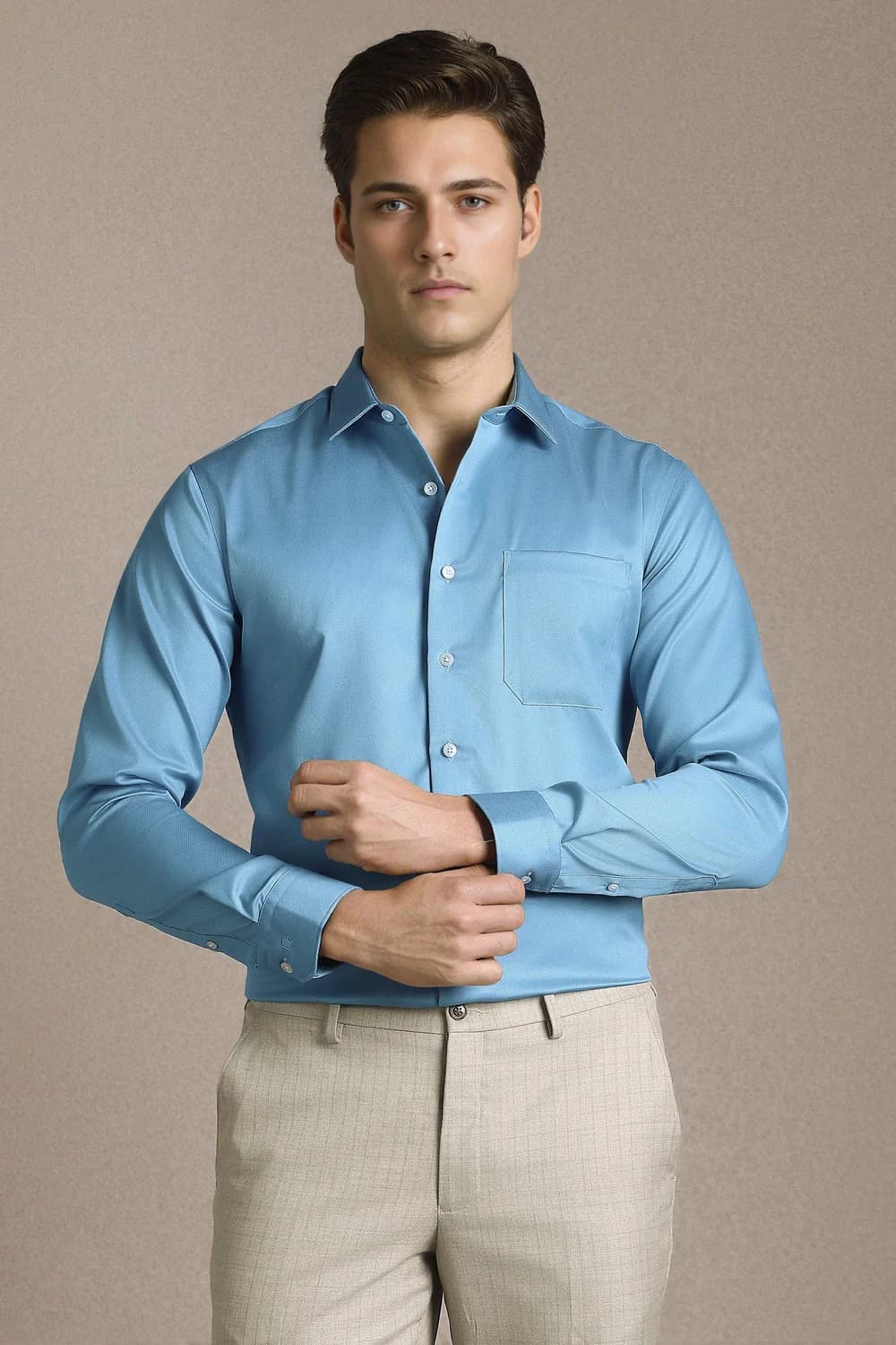 Men's Blue Formal Slim Fit Textured Full Sleeves Permapress Cotton Shirt