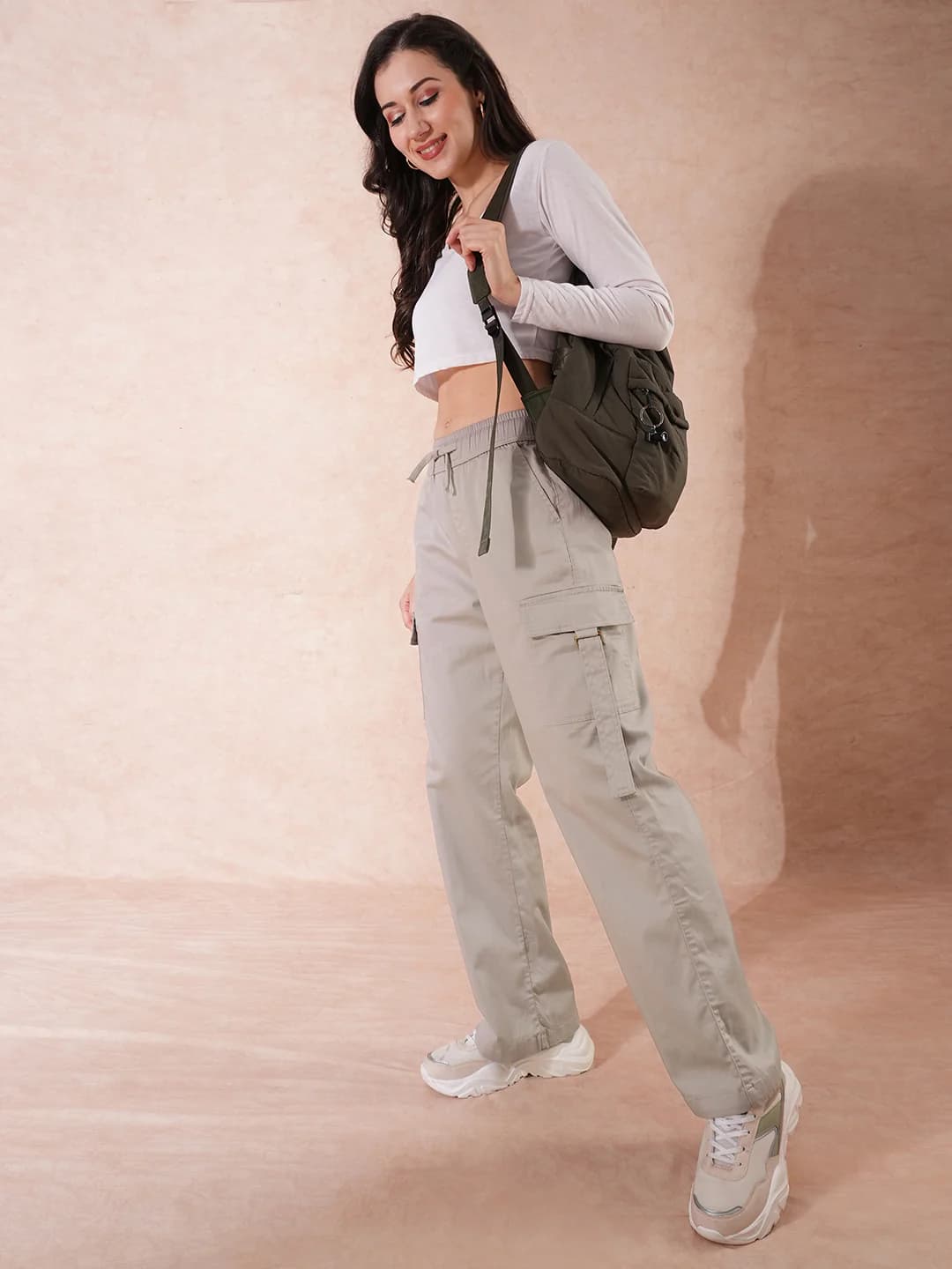 Women's Beige Casual Solid Cargo