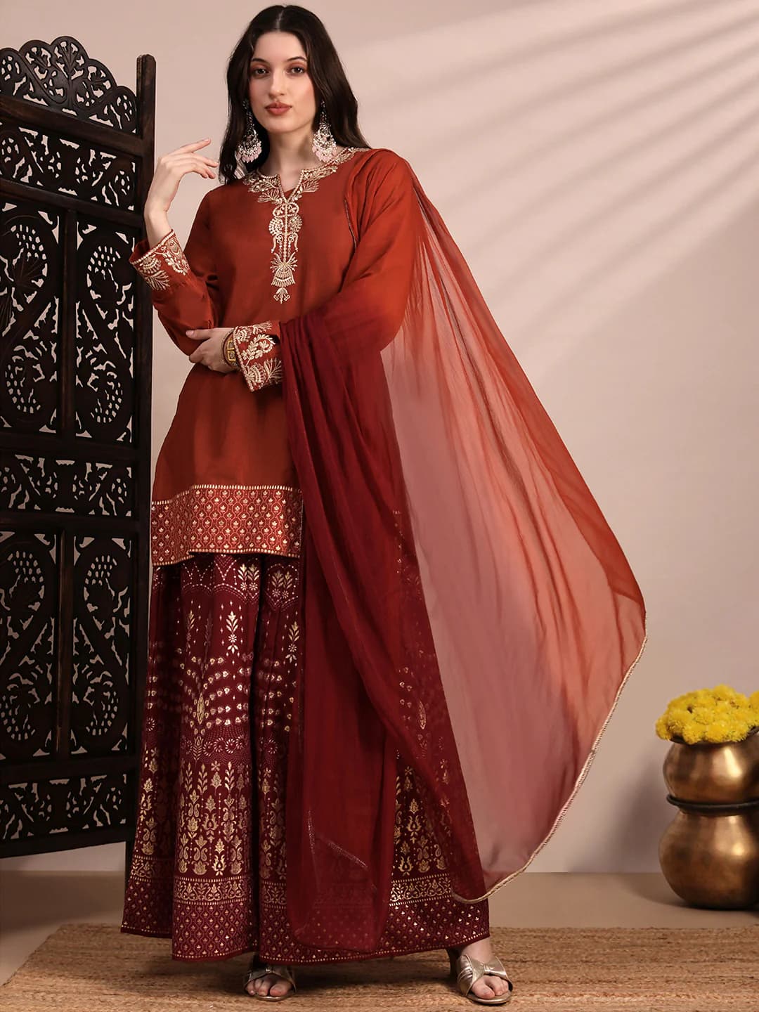 Women's Orange Casual Regular Fit Full Sleeves Kurta Set