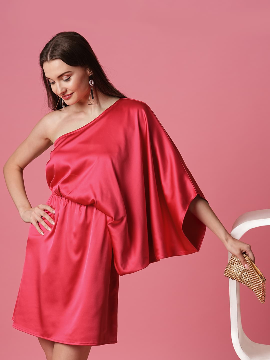 Women's Pink Party Solid A-Line Three Quarter Sleeves Dress