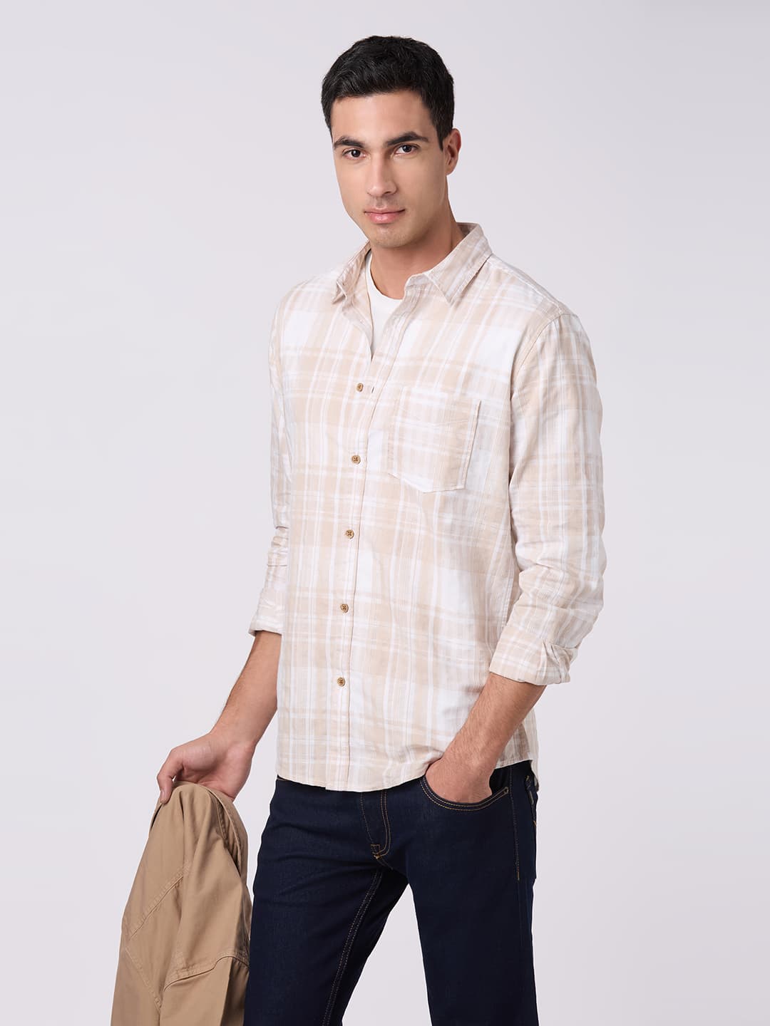 Men's Beige Casual Full Sleeves Cotton Shirt