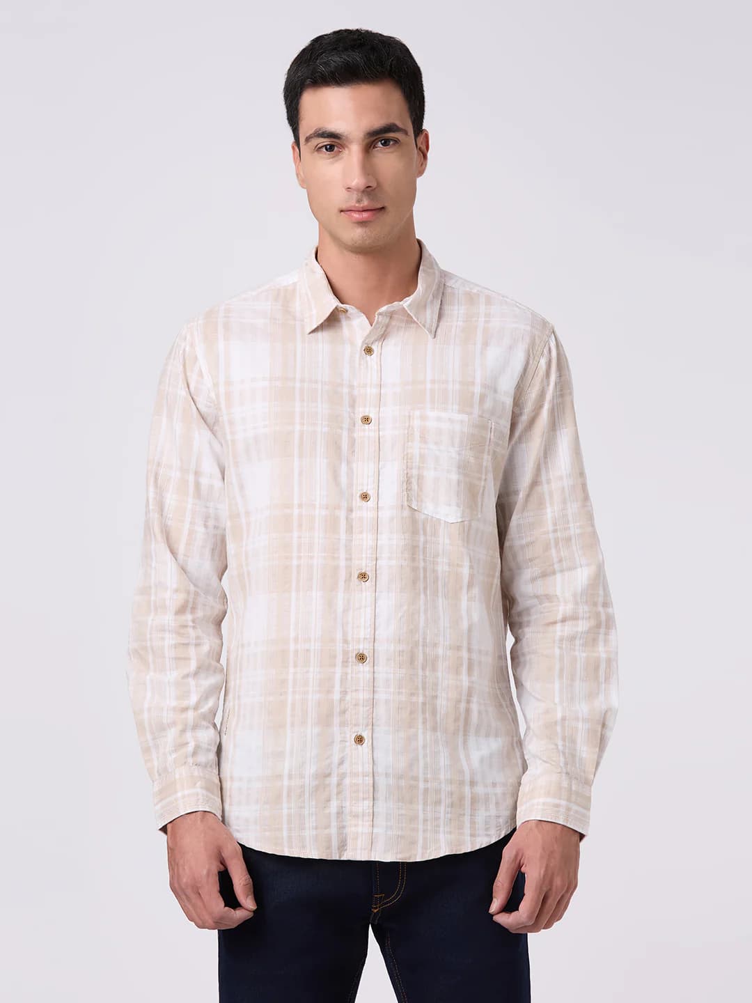 Men's Beige Casual Full Sleeves Cotton Shirt