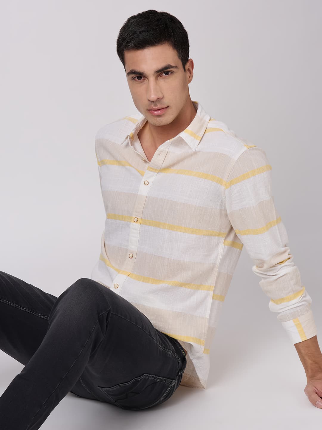 Men's Beige Casual Full Sleeves Cotton Shirt