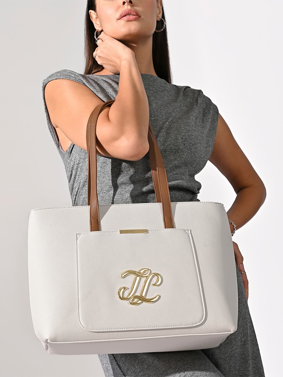 Women's White Casual Solid Synthetic Leather Tote Bag Handbag