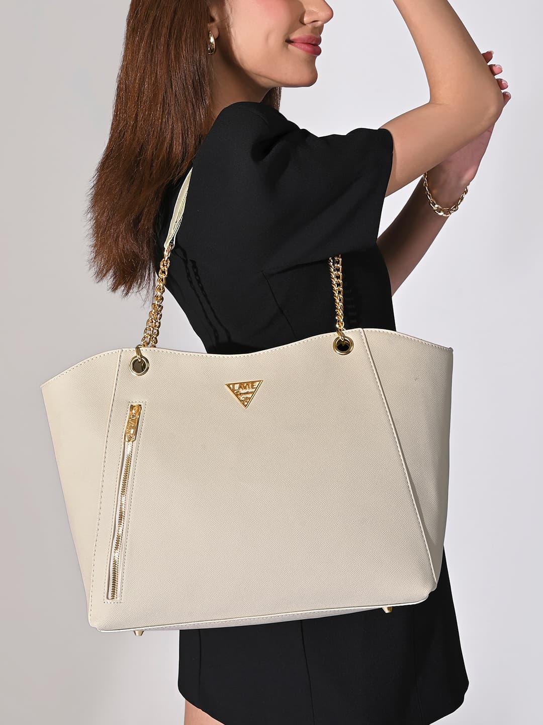 Women's White Formal Solid Synthetic Leather Tote Bag Handbag