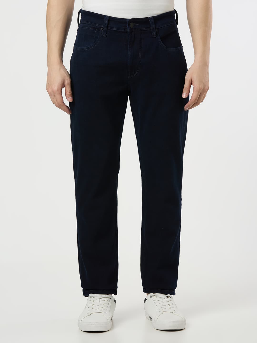 Men's Blue Mid Rise Straight Fit Textured Jeans