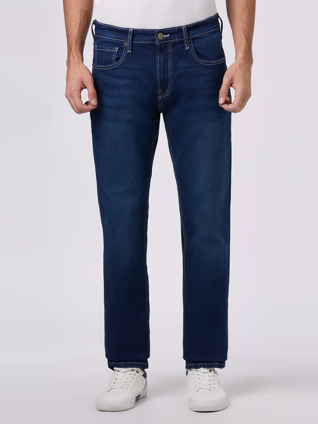 Men's Blue Mid Rise Straight Fit Textured Jeans