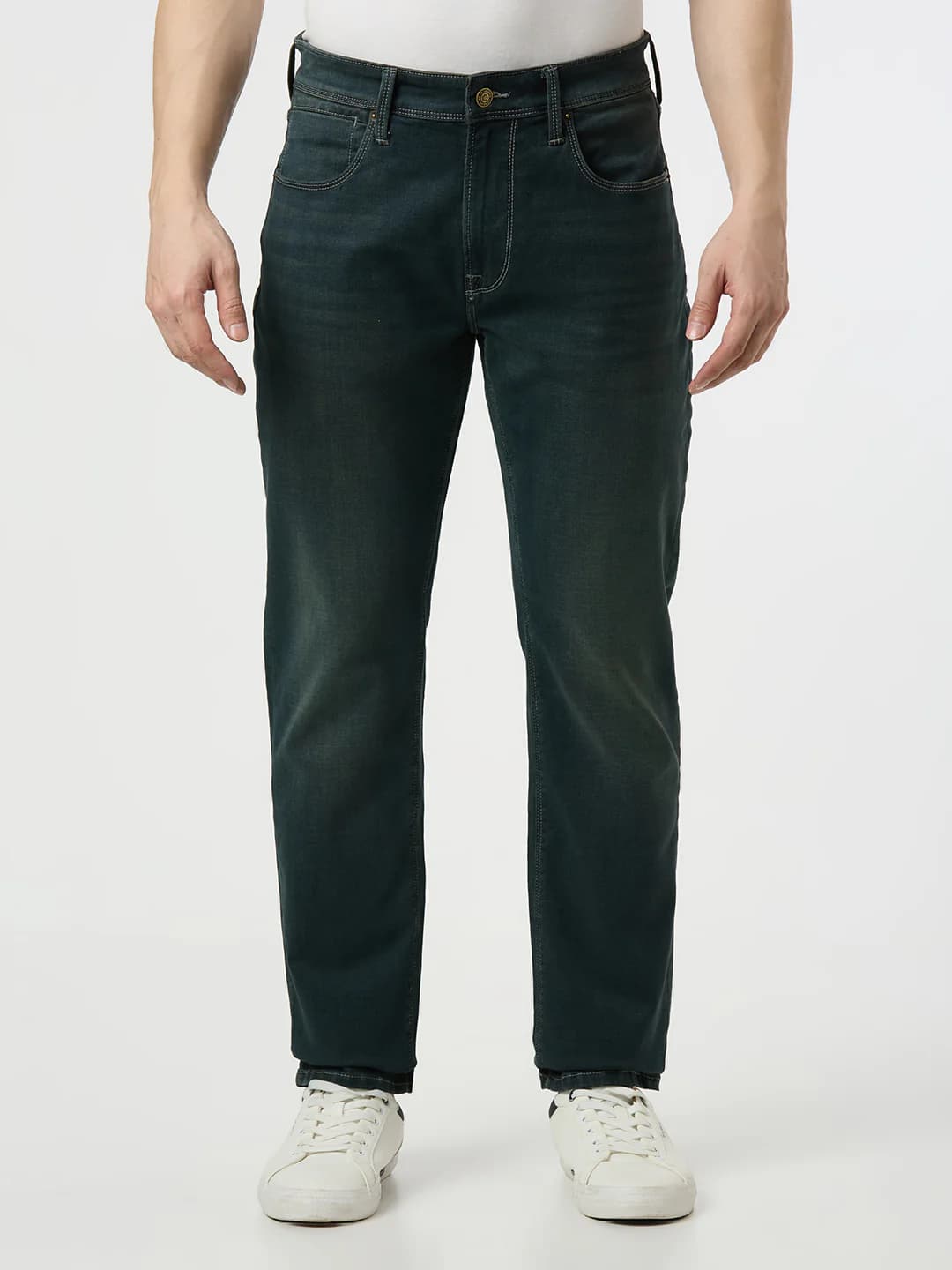 Men's Green Mid Rise Straight Fit Textured Jeans
