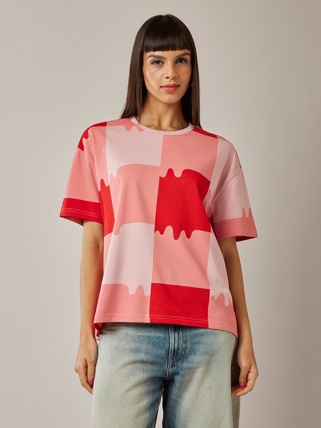 Women's Red Casual Oversized Fit Half Sleeves Tshirt