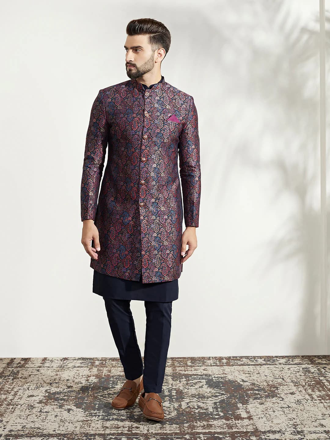 Men's Multicolour Party Textured Silk Kurta Sherwani Set