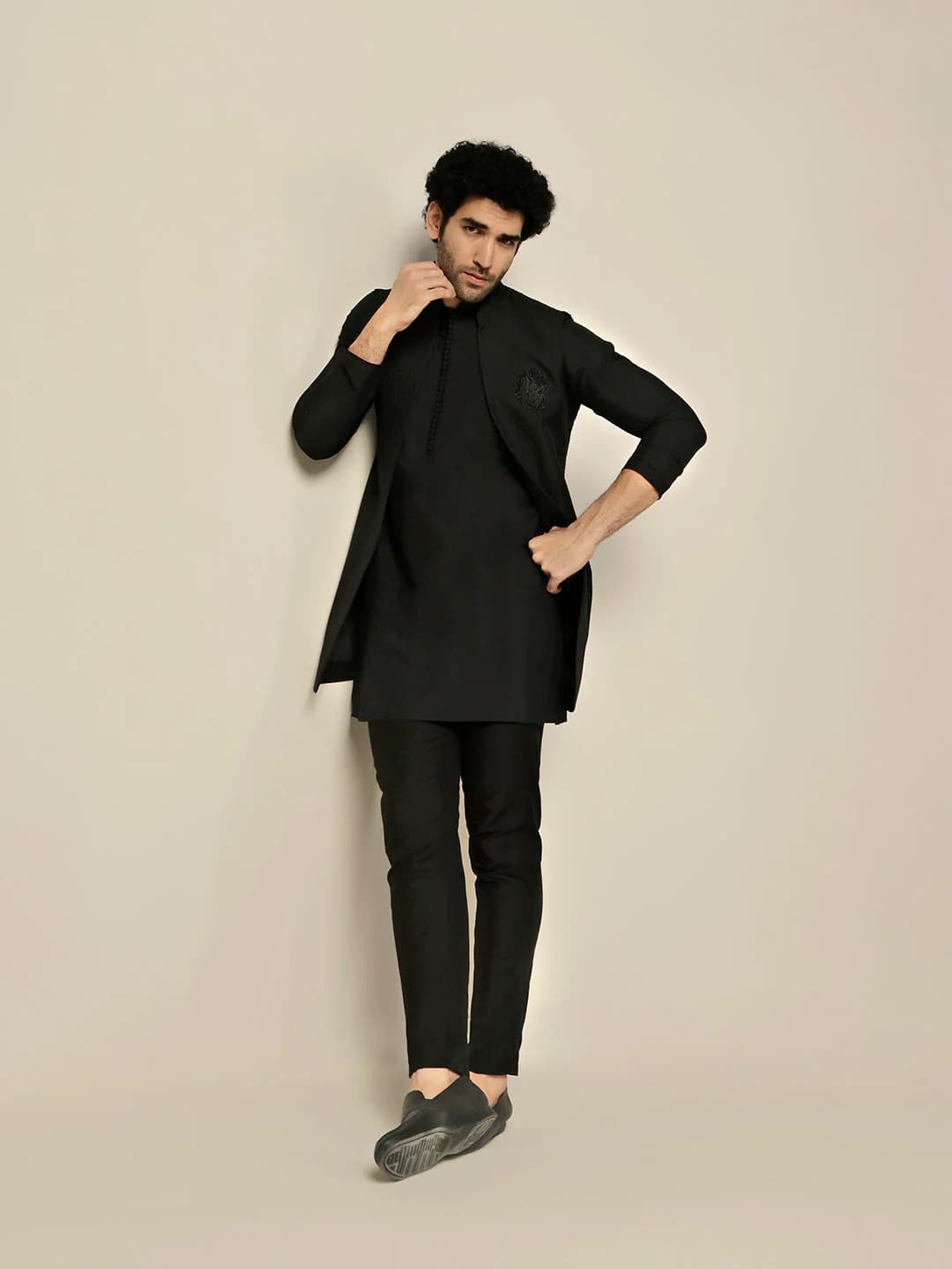 Men's Black Party Textured Silk Kurta Jacket Set