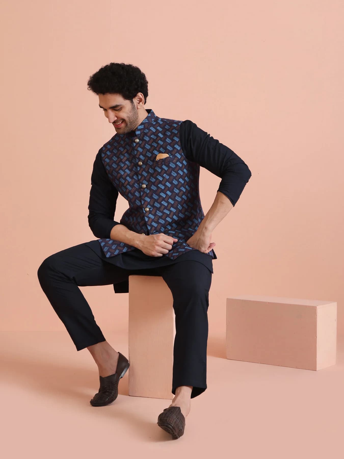 Men's Blue Party Printed Silk Kurta Jacket Set