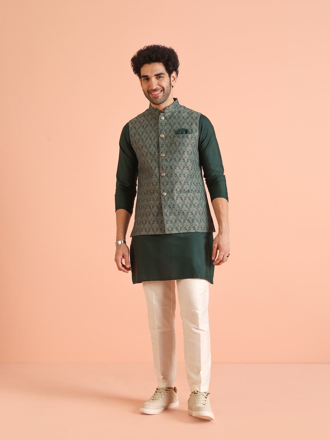 Men's Green Party Textured Kurta Jacket Set