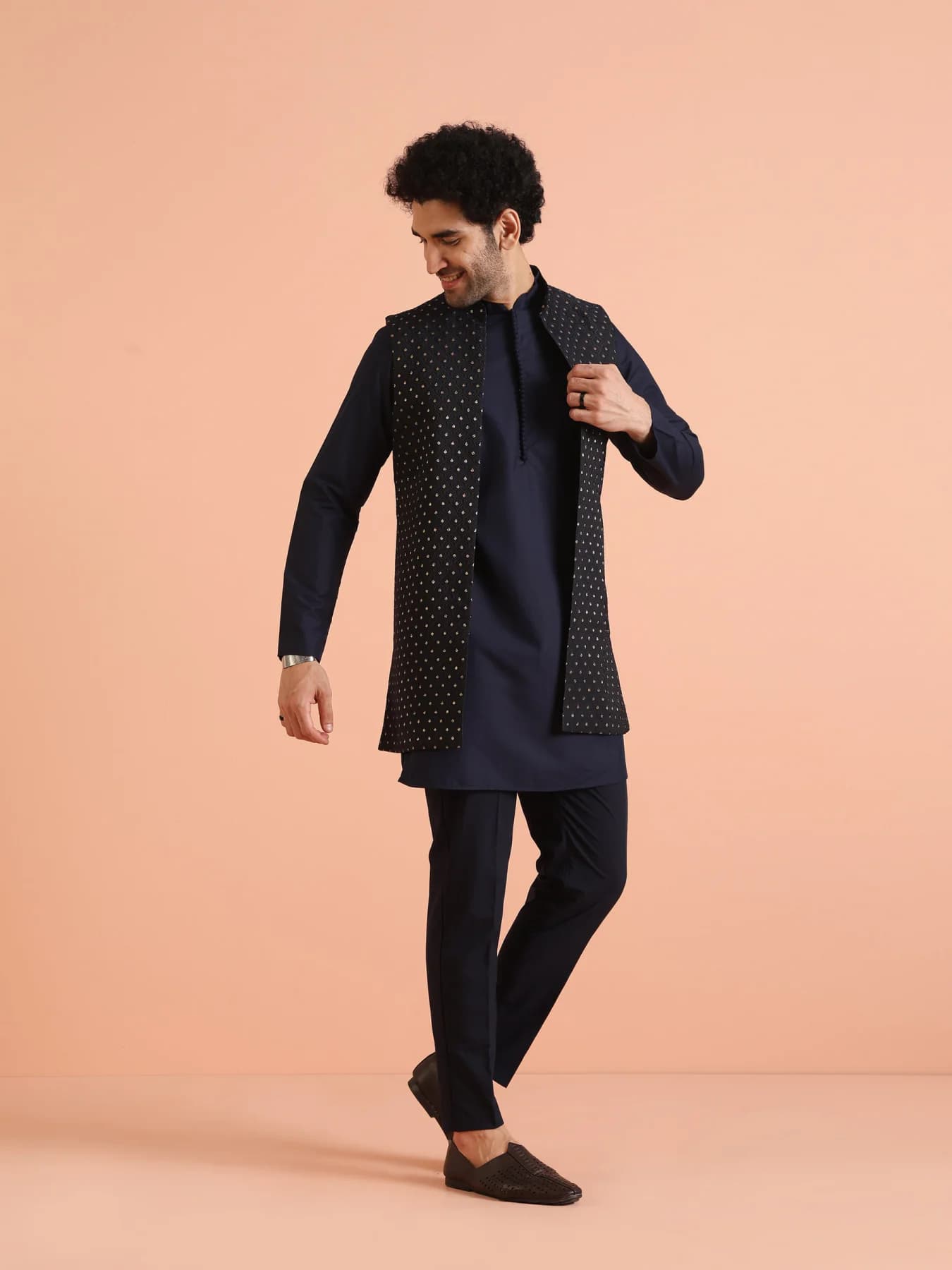 Men's Navy Blue Party Textured Silk Kurta Jacket Set