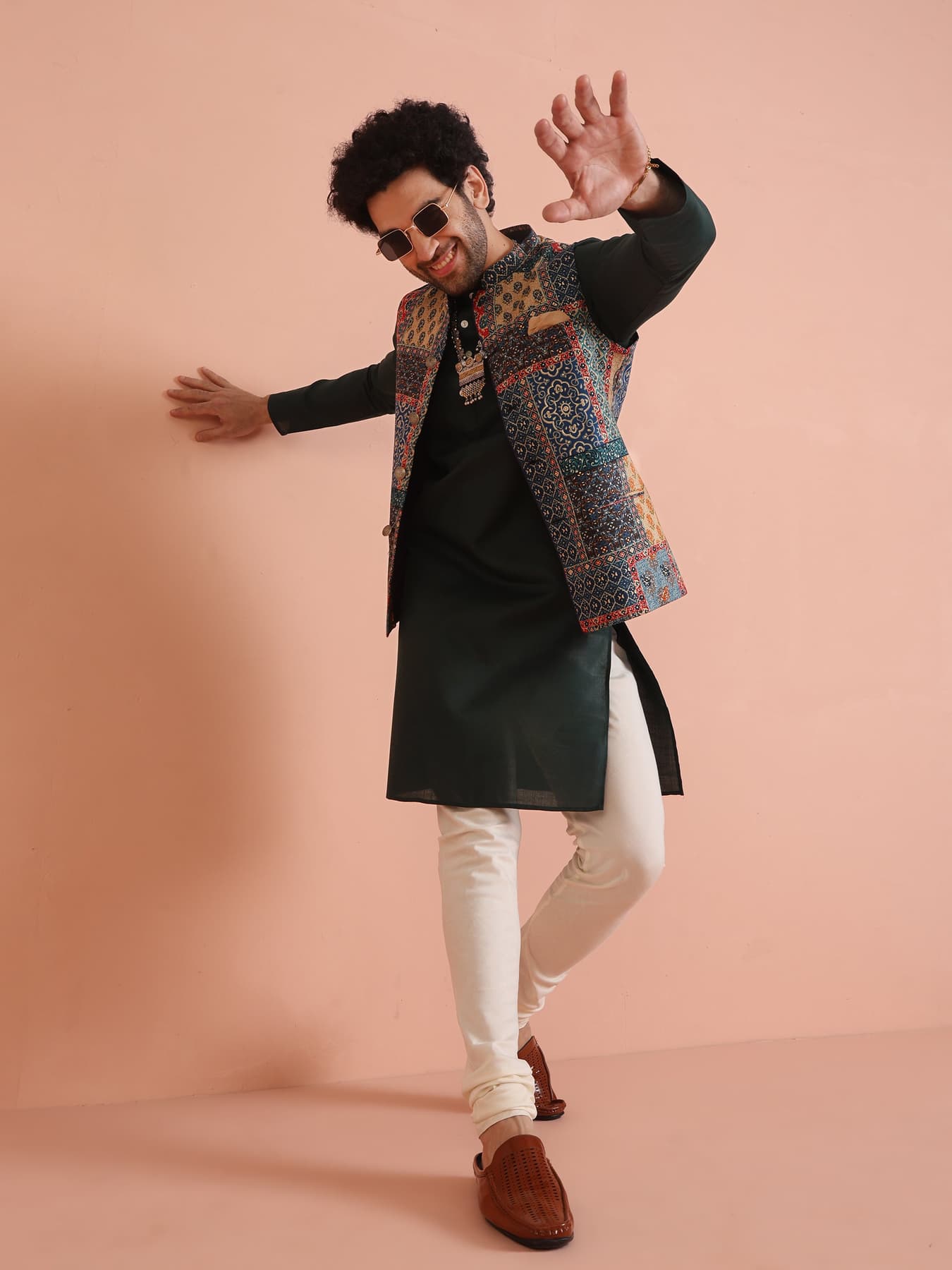 Men's Multicolour Party Printed Kurta Jacket Set