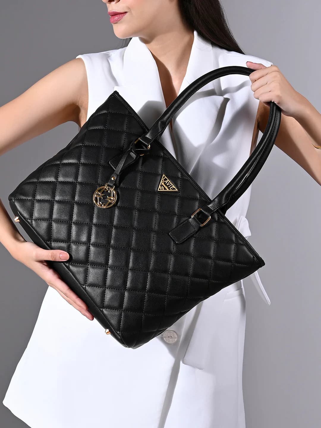 Women's Black Formal Quilted Synthetic Leather Tote Bag