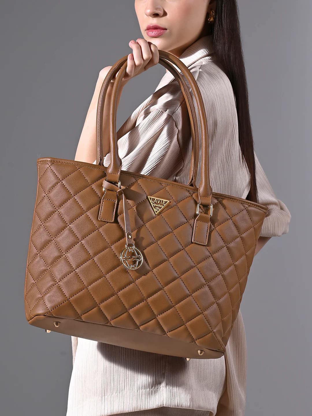 Women's Tan Formal Quilted Synthetic Leather Tote Bag