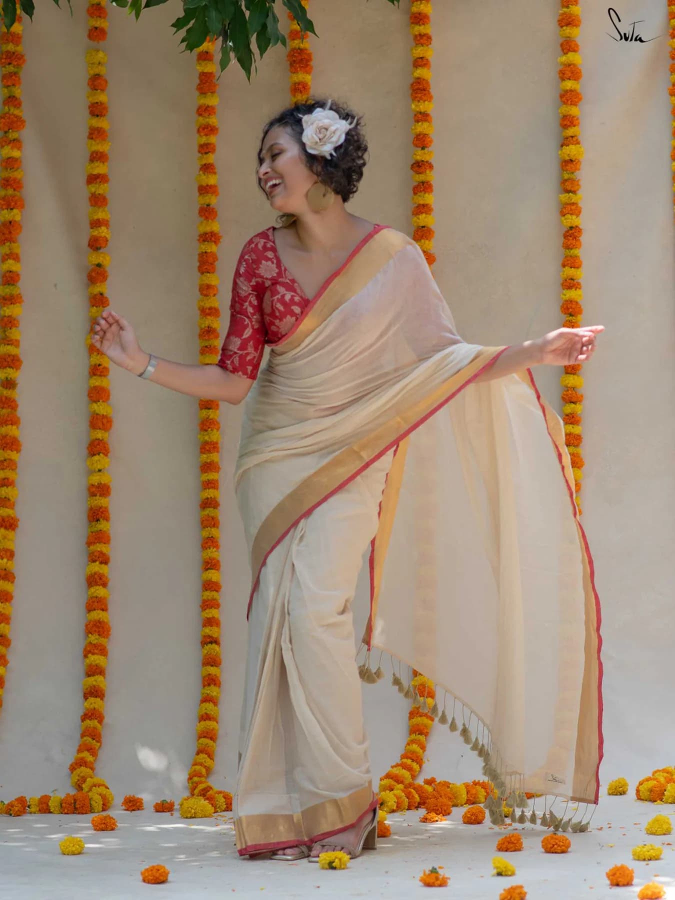 Women's White Festive Ready to Wear Saree
